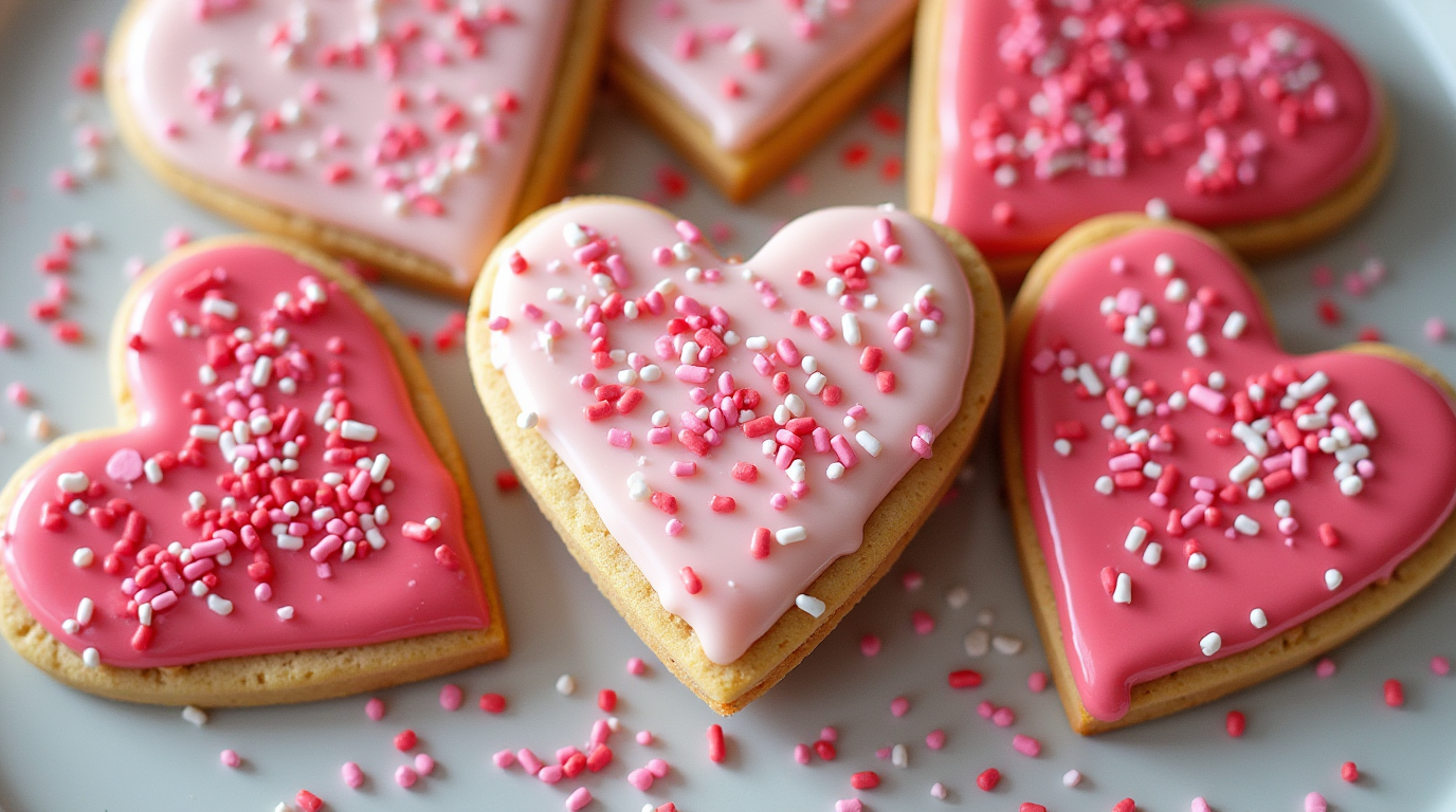 Heart-Shaped Gluten-Free Cookies, delicately baked to a golden perfection with a soft, crumbly texture. These cookies are made with gluten-free flour and topped with a light dusting of powdered sugar, making them a sweet, inclusive treat for any Valentine’s celebration.