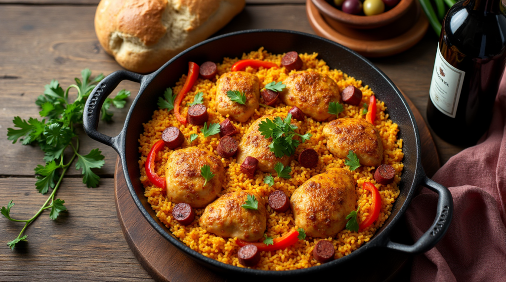  A close-up of Chicken & Chorizo Paella, showcasing savory chunks of chicken and smoky chorizo, interspersed with golden rice and bright vegetables. The dish is served in a traditional paella pan, with rich colors and textures, capturing the essence of a classic Spanish comfort food bursting with flavor.
