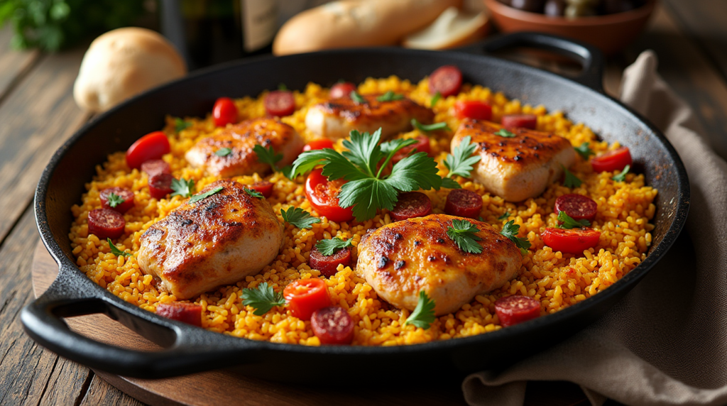 A hearty and flavorful Chicken & Chorizo Paella, with juicy pieces of tender chicken and spicy chorizo mixed into perfectly cooked rice, infused with saffron and Mediterranean spices. The dish is beautifully garnished with vibrant red peppers, peas, and fresh herbs, creating a colorful and satisfying meal.