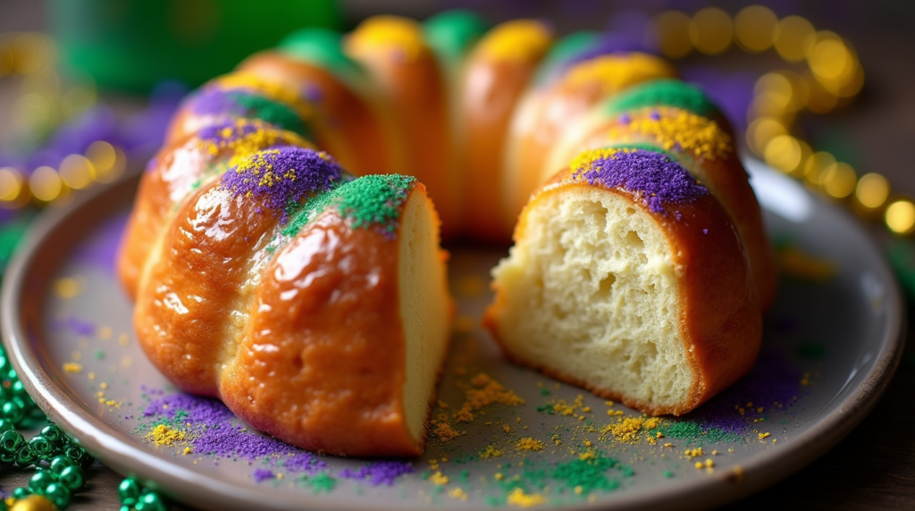 A freshly baked King Cake for Mardi Gras with a beautifully glazed, sugar-coated exterior in the signature Mardi Gras colors. The cake’s soft, cinnamon-filled interior peeks through, promising a sweet and spicy treat perfect for the festivities