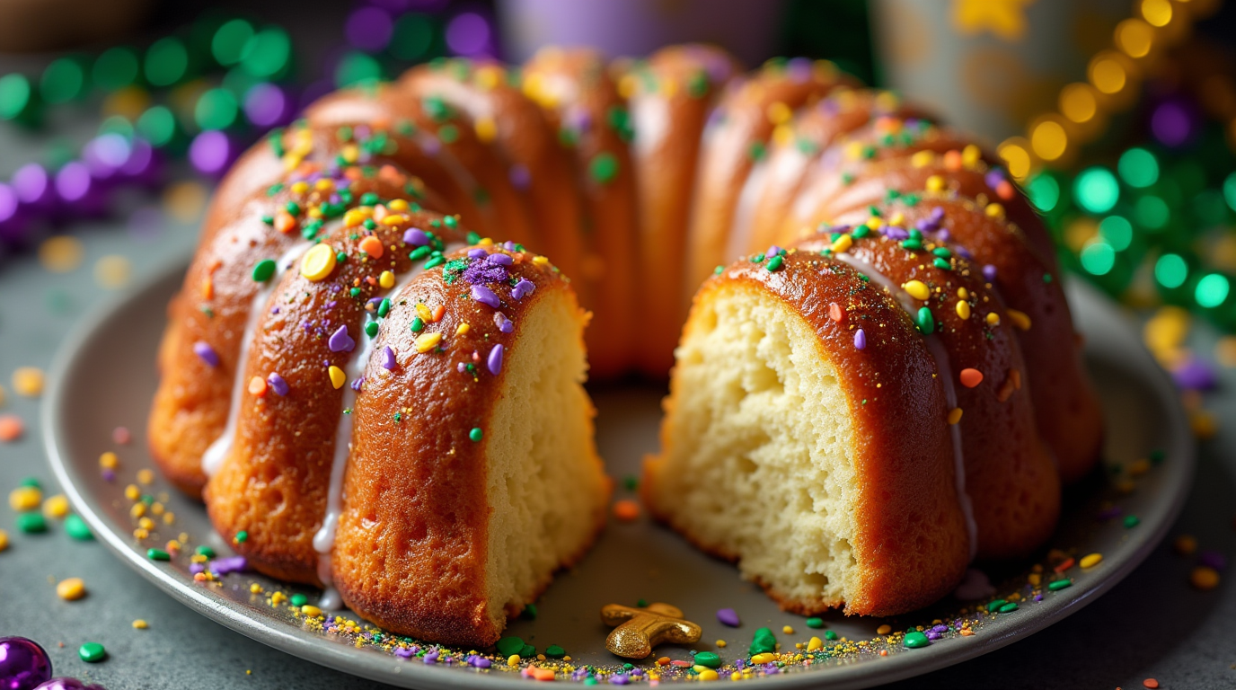 A vibrant King Cake for Mardi Gras adorned with colorful purple, green, and gold sprinkles, topped with a traditional Mardi Gras baby figurine. The golden dough is braided into a festive shape, ready to be sliced and enjoyed during the celebratory season