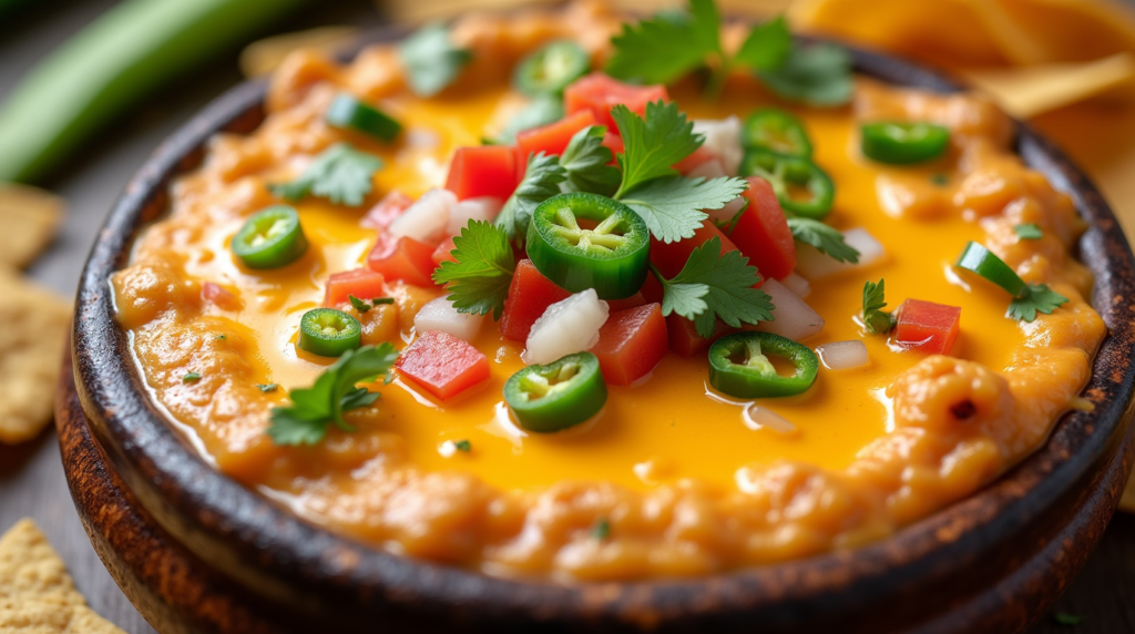 A bowl of creamy Vegetable Queso Dip, packed with fresh veggies like bell peppers, tomatoes, and onions, blended with smooth, melted cheese. Perfect for dipping, this vibrant and flavorful dip is an ideal choice for a Galentine's party, adding a fun, cheesy twist to the celebration