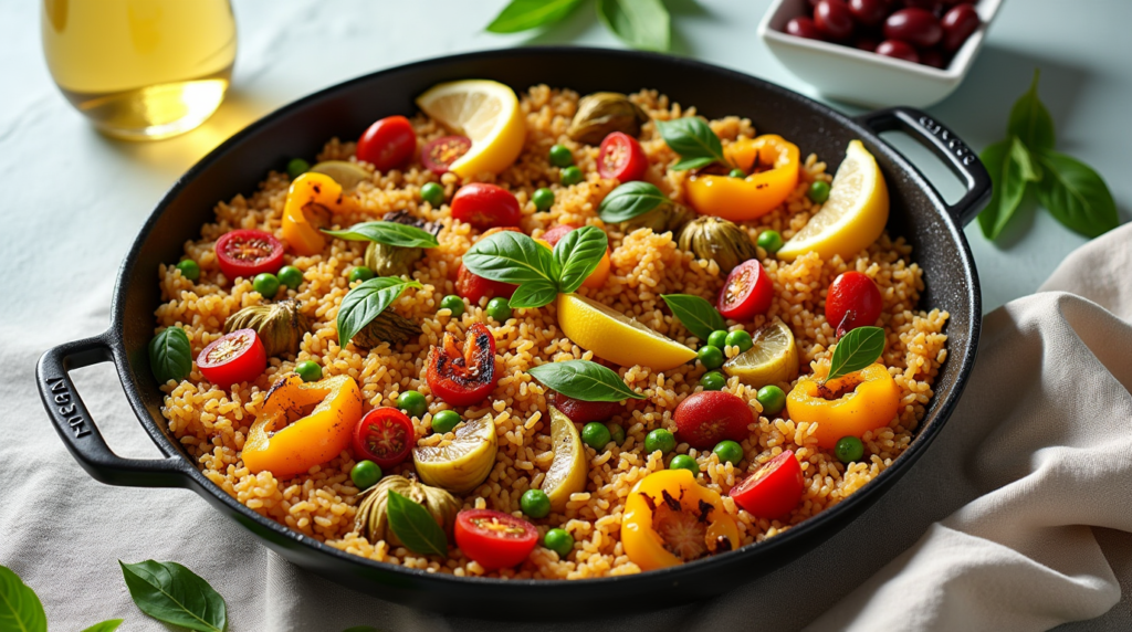 Close-up view of Vegetarian Paella with Grilled Peppers & Artichokes, highlighting the smoky grilled peppers and tender artichokes nestled among a bed of perfectly cooked rice. The dish is garnished with a sprinkle of fresh herbs, making it a flavorful and satisfying vegan delight, bursting with Mediterranean flavors.