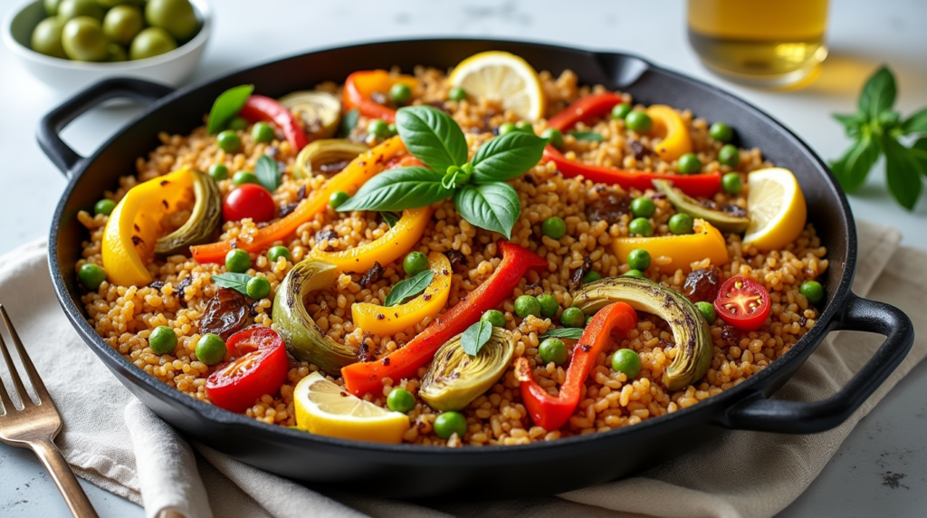 A vibrant and colorful plate of Vegetarian Paella with Grilled Peppers & Artichokes, showcasing tender rice mixed with sautéed vegetables like red peppers, grilled artichokes, and fresh herbs. This savory dish is beautifully arranged with a rich golden hue from the saffron, offering a hearty and wholesome plant-based meal for any occasion