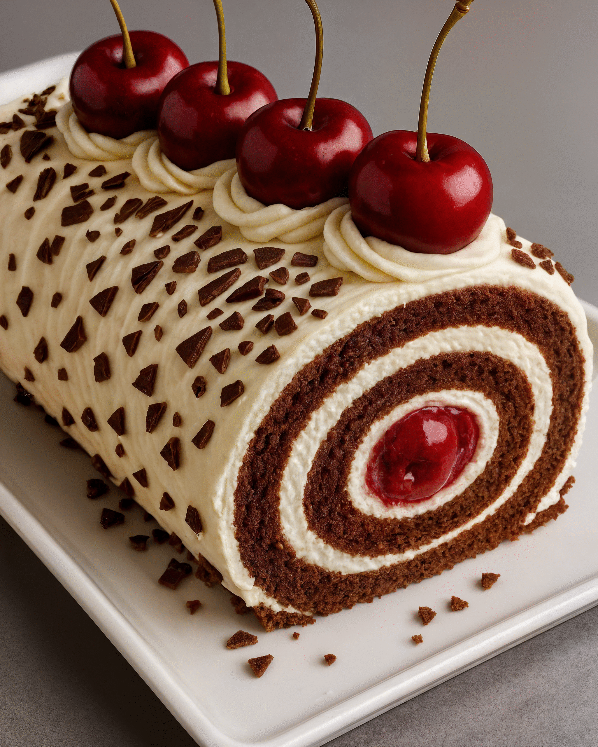 Chocolate cake light cream and rich cherries