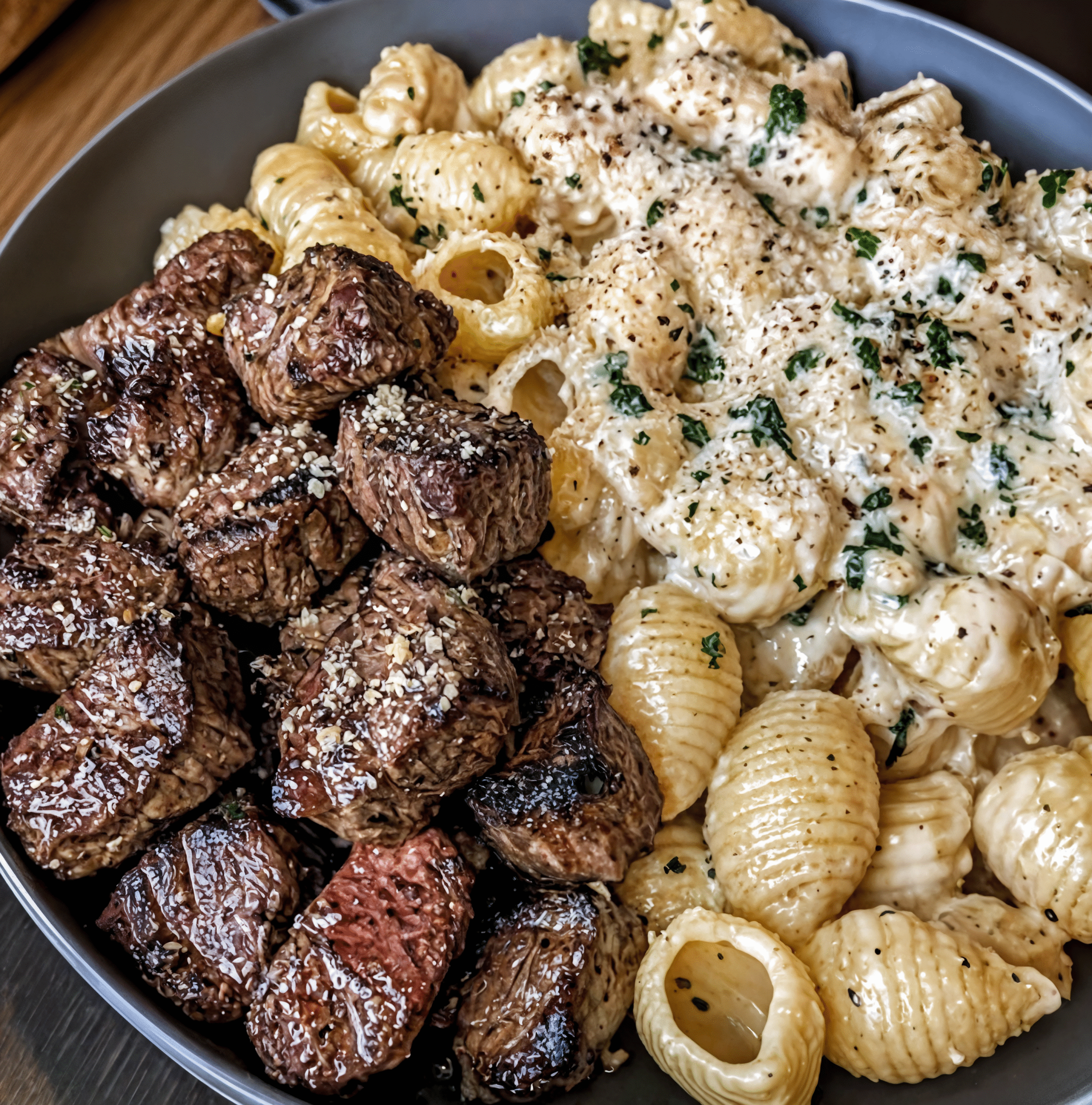 Garlic Butter Steak Bites with Creamy Shells Pasta