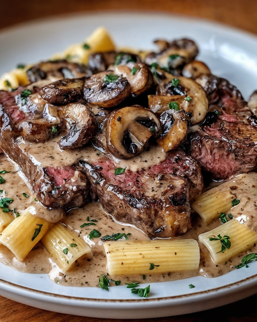 Creamy Garlic Mushroom Steak with Pasta