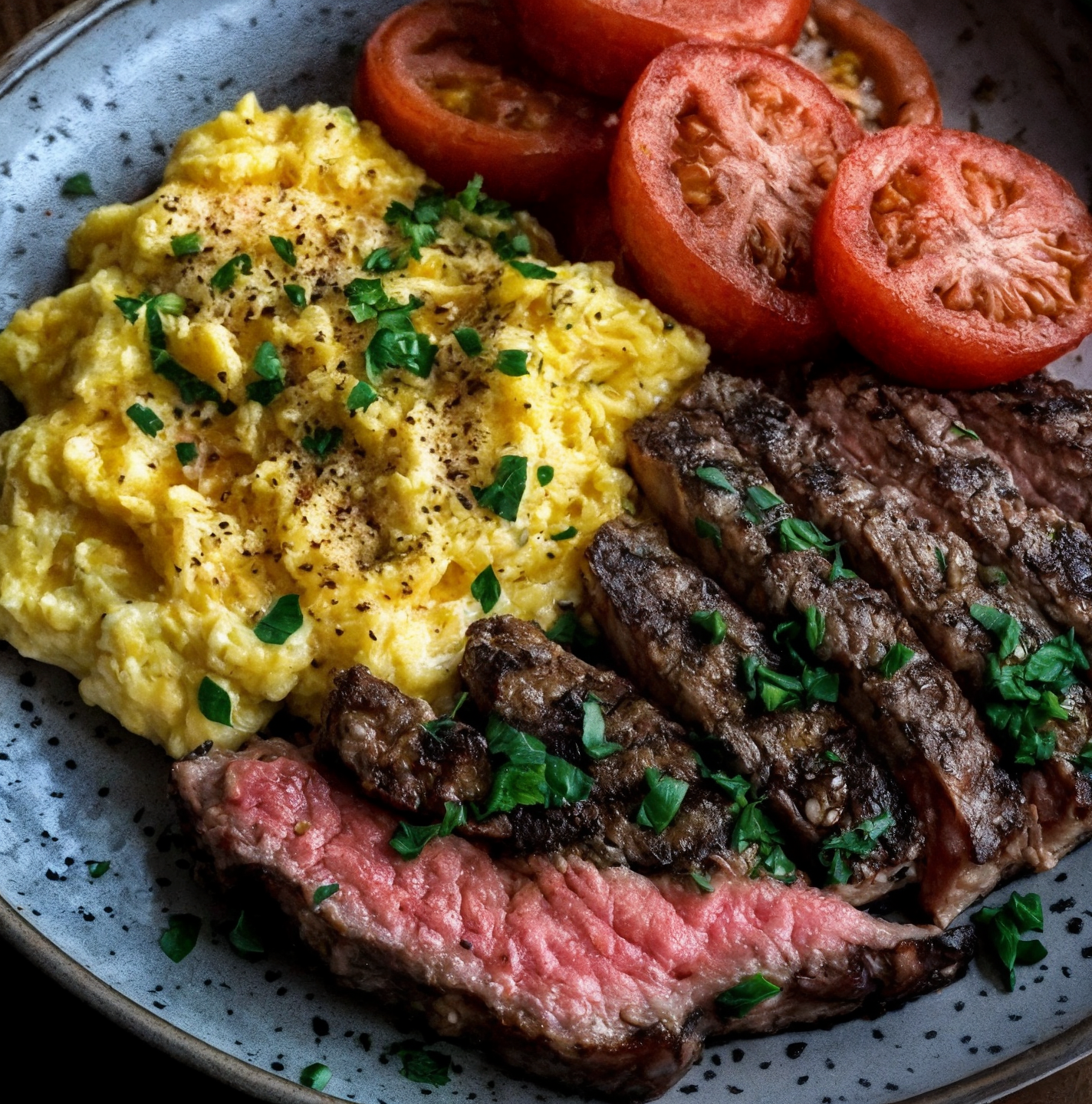 Scrambled Eggs with Grilled Steak and Fresh Tomatoes