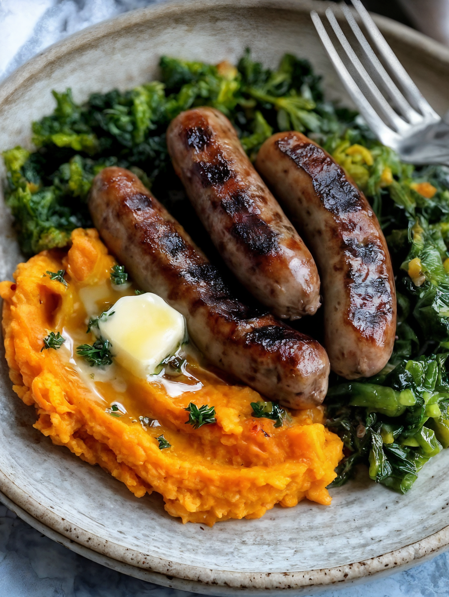 Grilled Sausages with Sweet Potato Mash & Greens