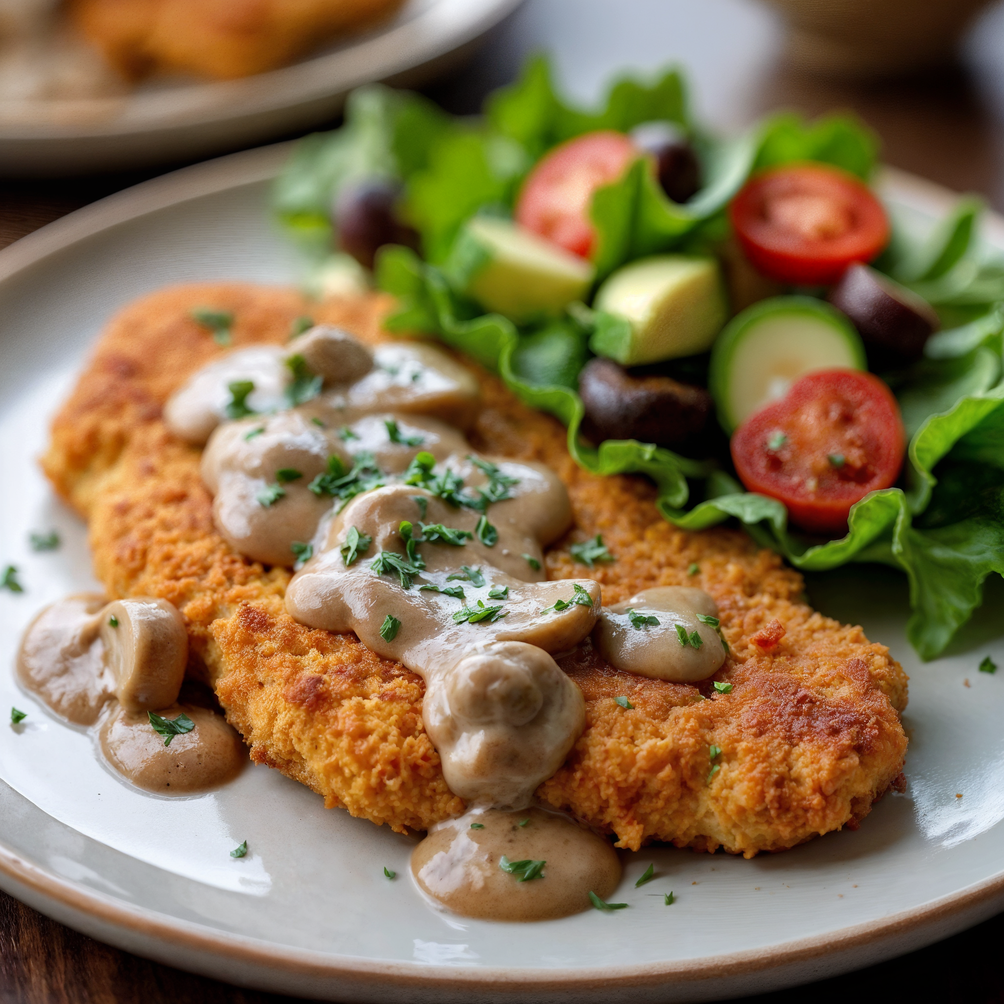 Crispy Chicken Schnitzel with Creamy Mushroom Sauce & Fresh Salad