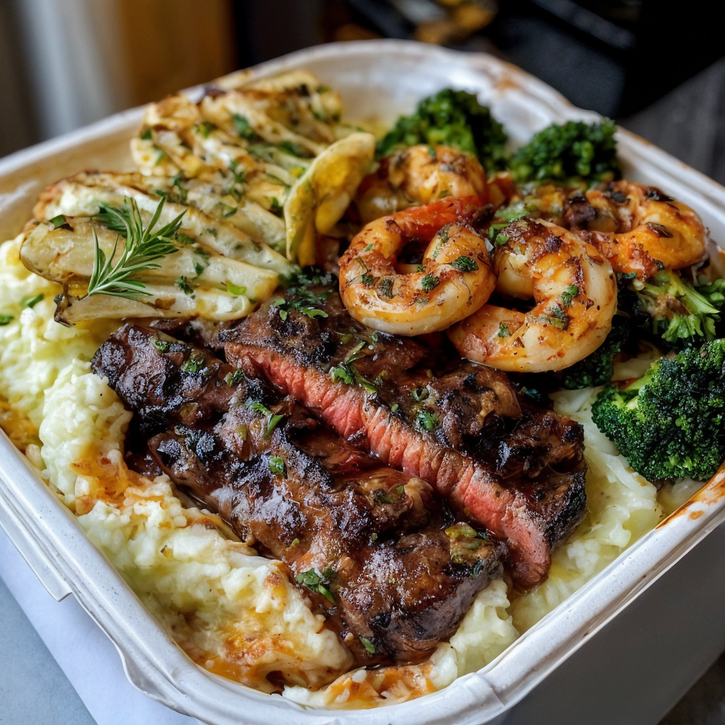Steak & Cajun Shrimp Takeout Plate with Mashed Potatoes and Broccoli