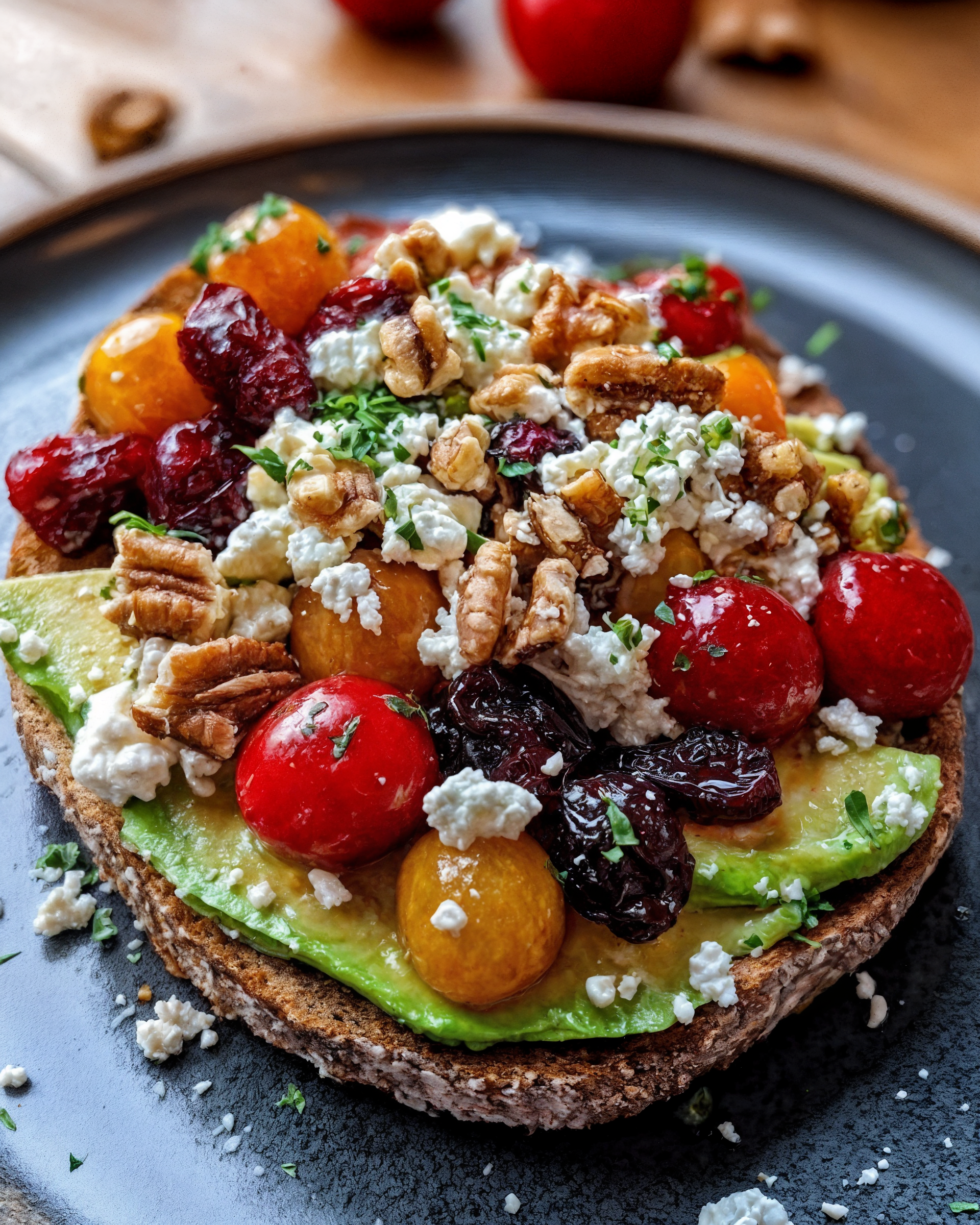 Avocado Toast with Feta, Tomatoes, Cranberries & Walnuts