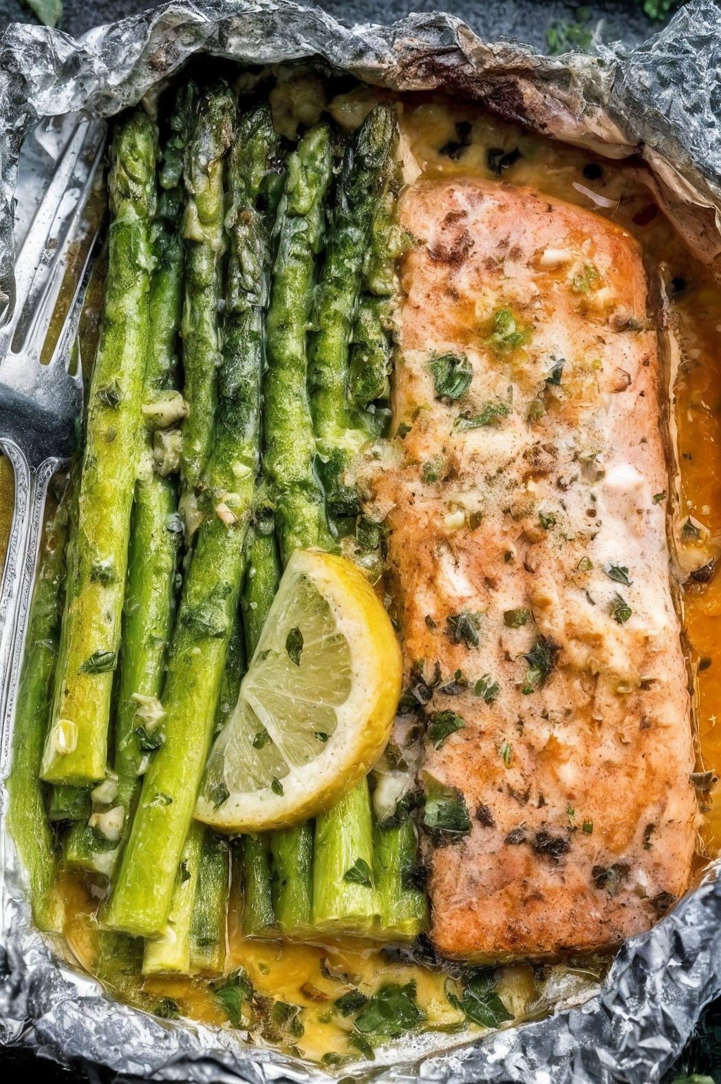 Baked Salmon in Foil with Asparagus and Garlic Lemon Butter Sauce