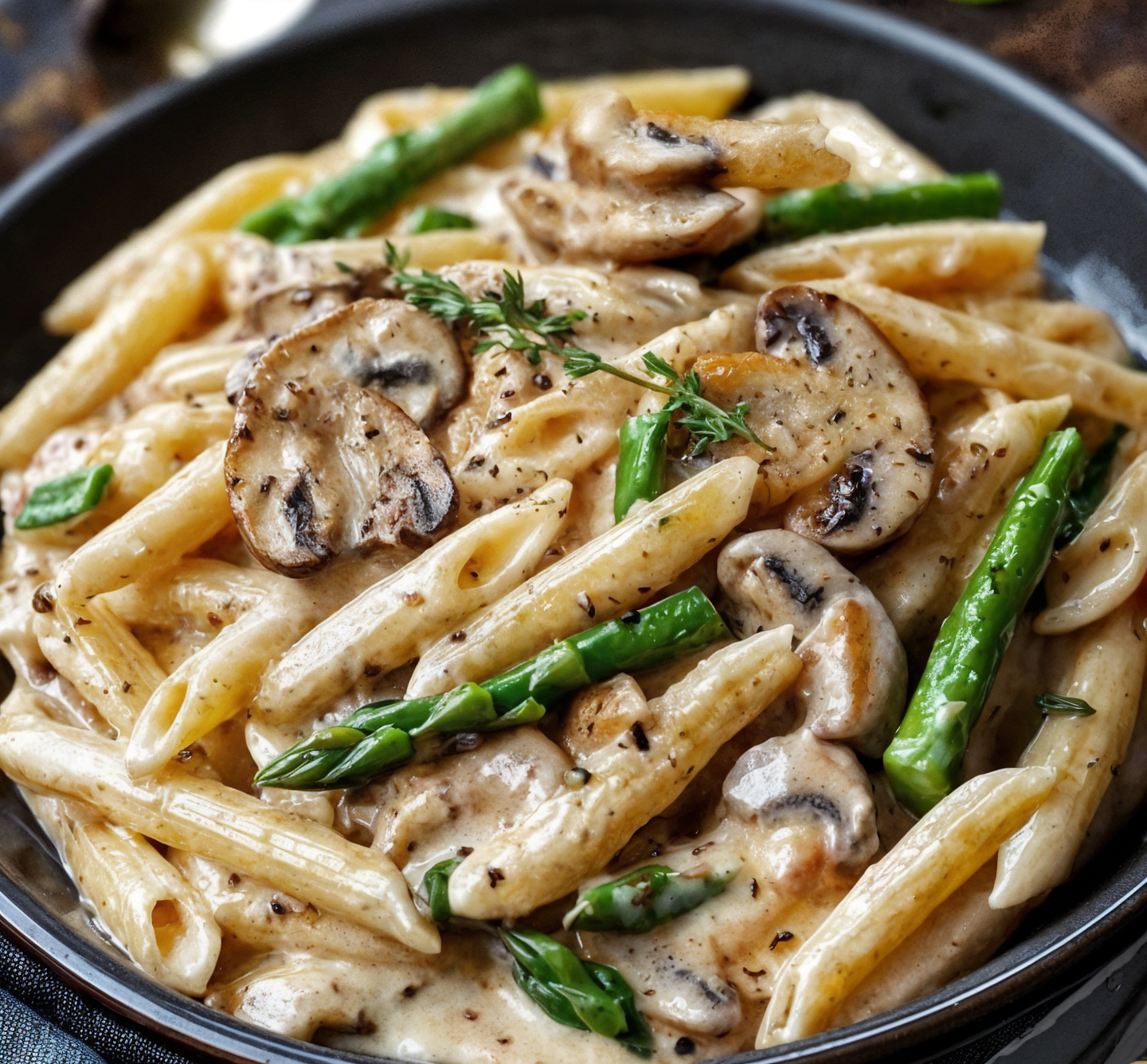 Creamy Mushroom and Asparagus Chicken Penne