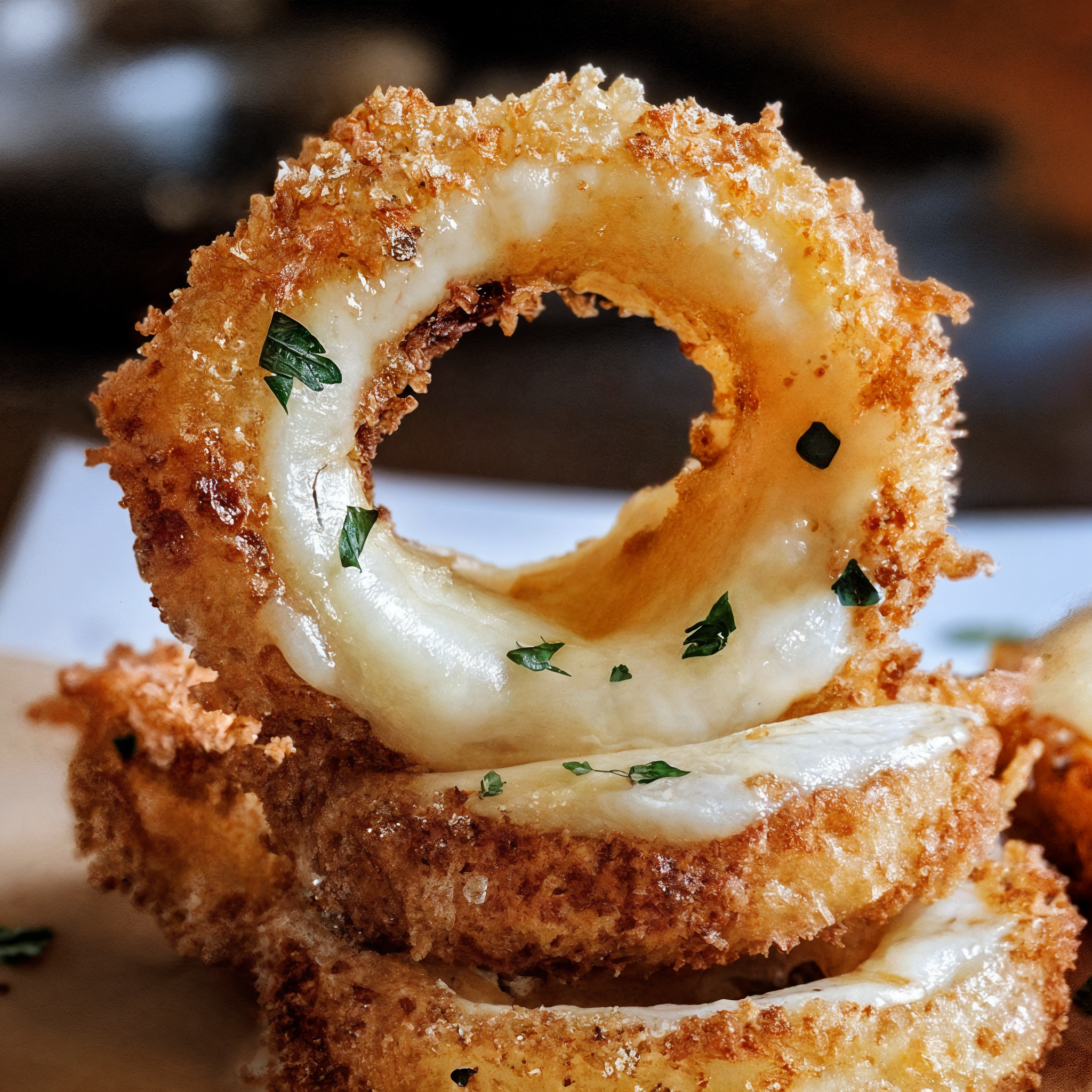 Mozzarella-Stuffed Onion Rings with Garlic Butter