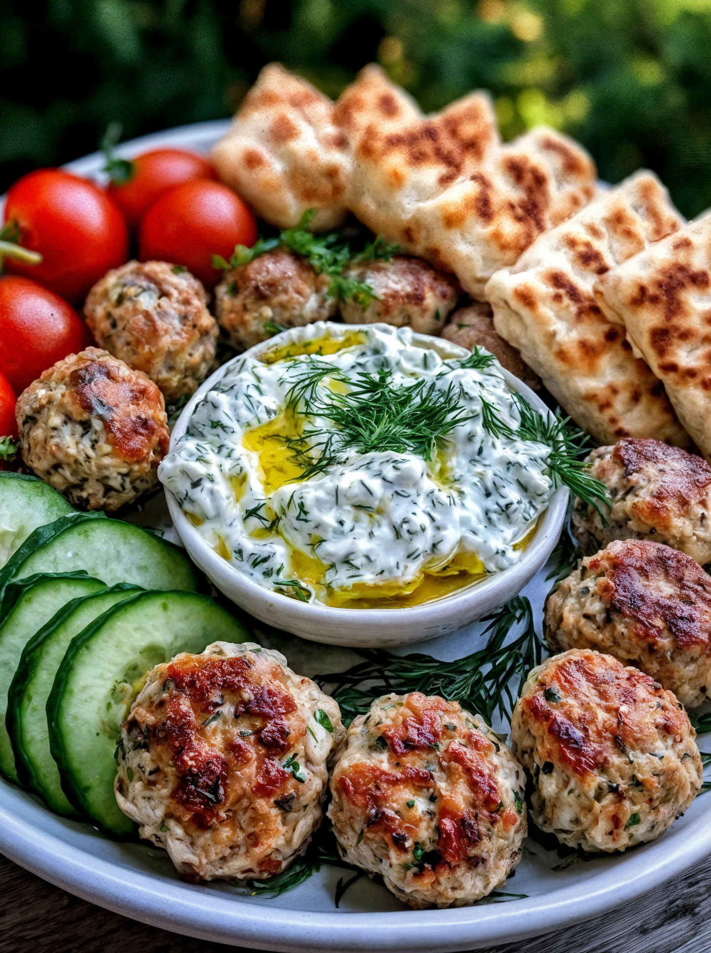 Feta-Stuffed Greek Chicken Meatballs with Roasted Garlic Tzatziki