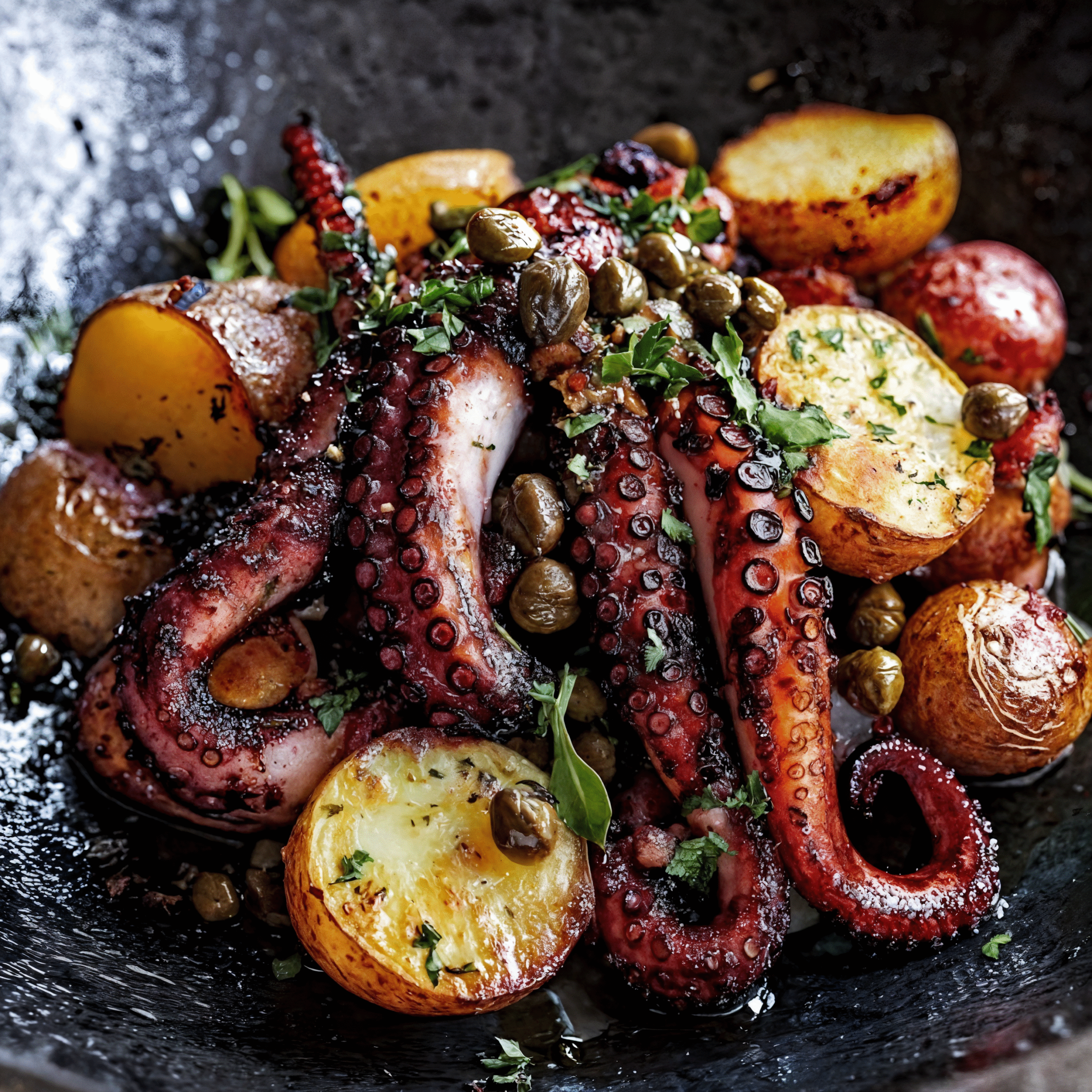 Duck & Waffle’s Roasted Octopus with Chorizo Potato and Caper Berries