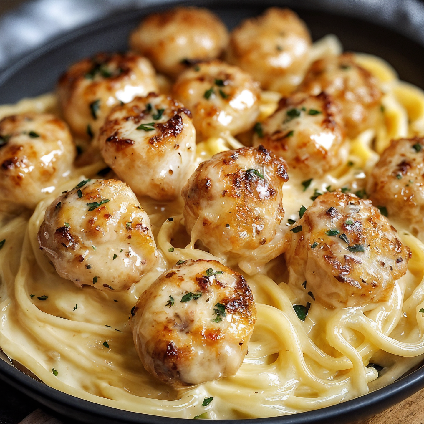 Delicious chicken pieces in butter with creamy Parmesan pasta