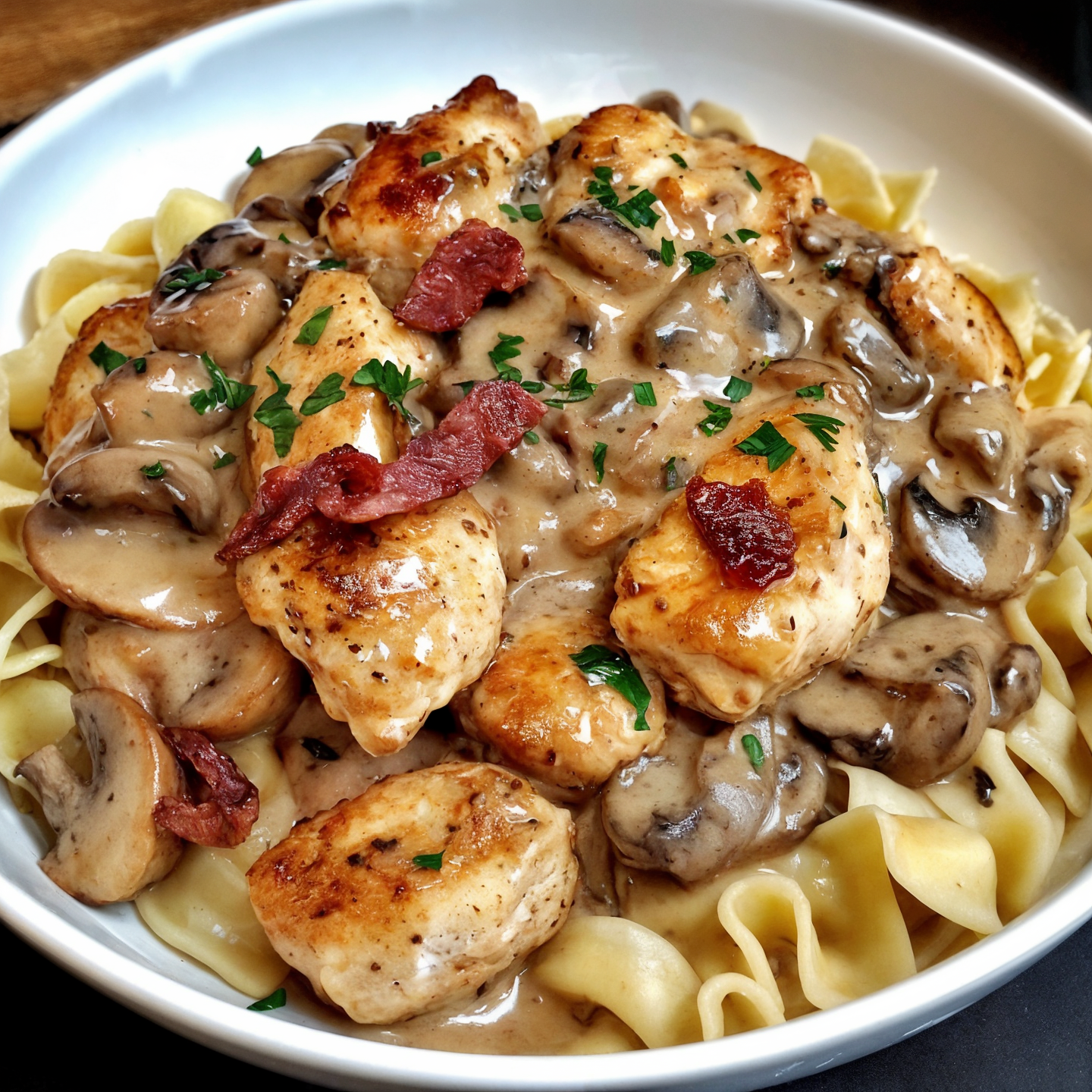 Creamy Chicken Stroganoff with Crispy Pork and Mushrooms