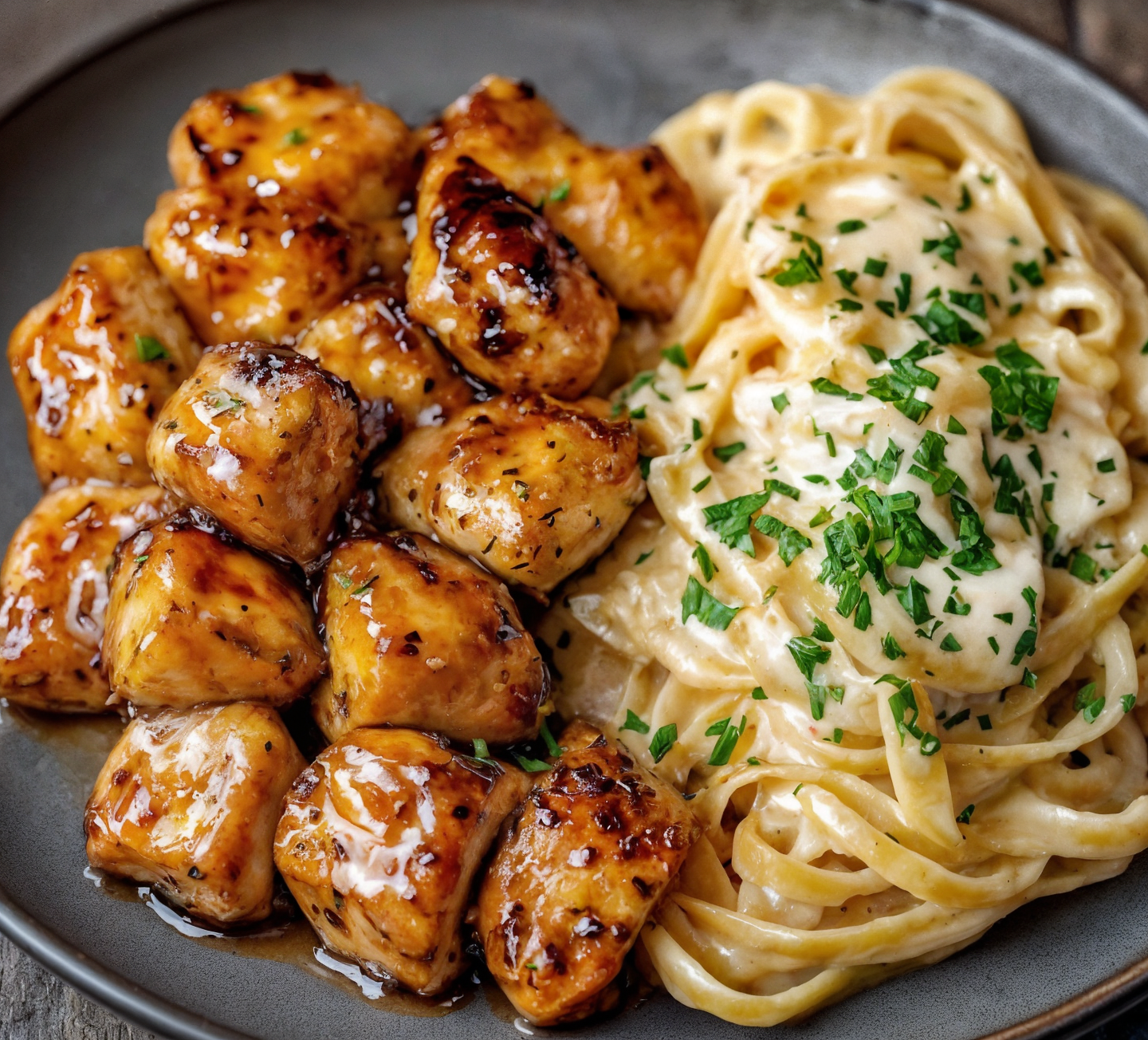 Creamy Garlic Alfredo Pasta with Honey Glazed Chicken