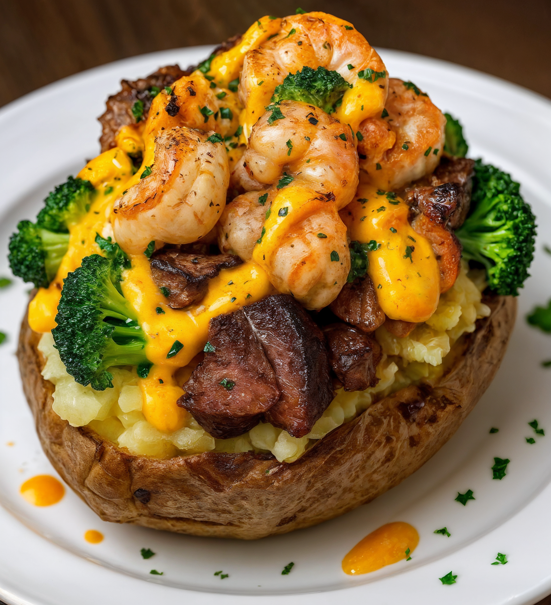 Loaded Baked Potato with Steak Shrimp & Broccoli
