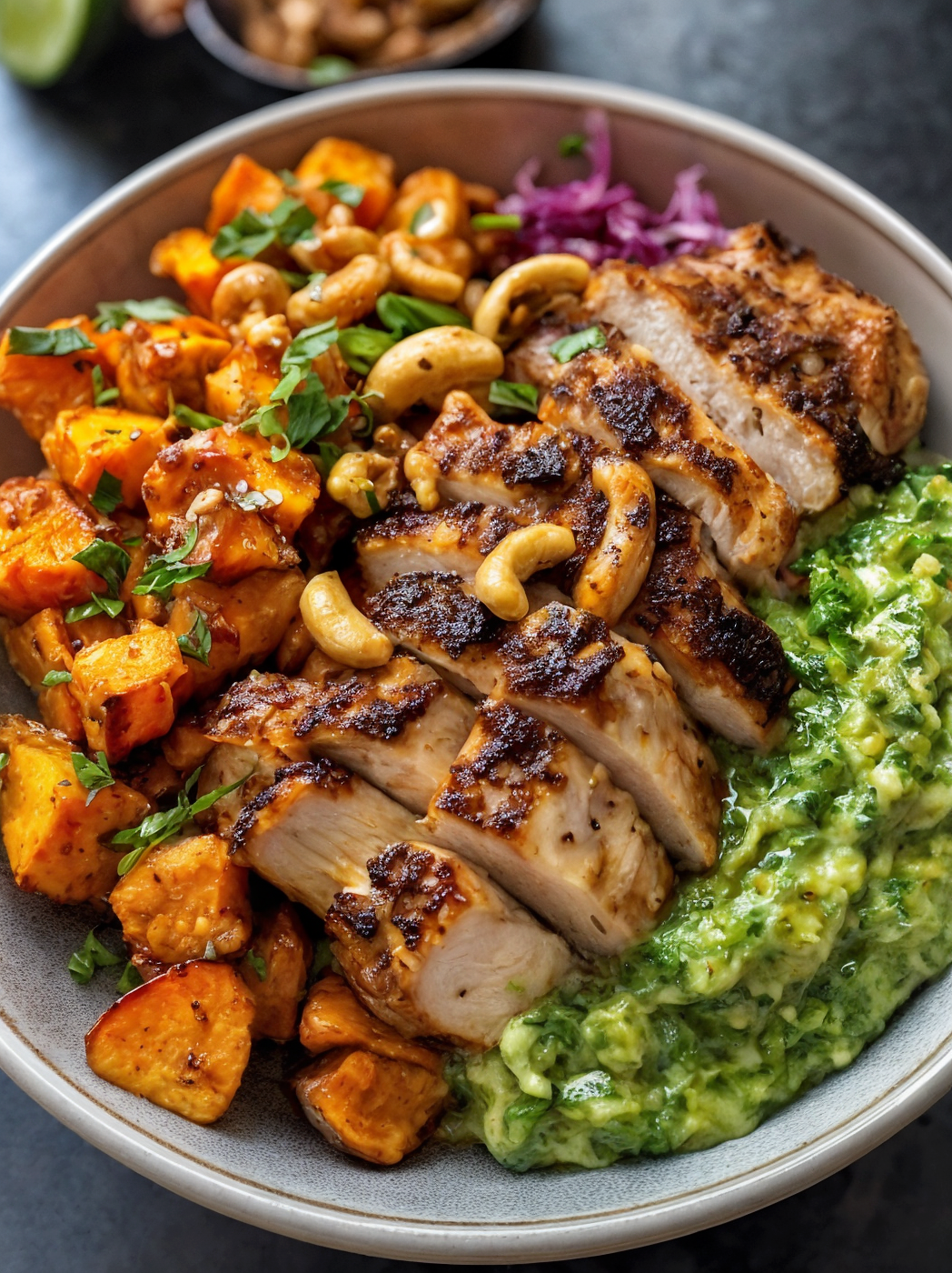 Coconut Chicken Alfredo with Roasted Sweet Potatoes and Spicy Pesto Cream