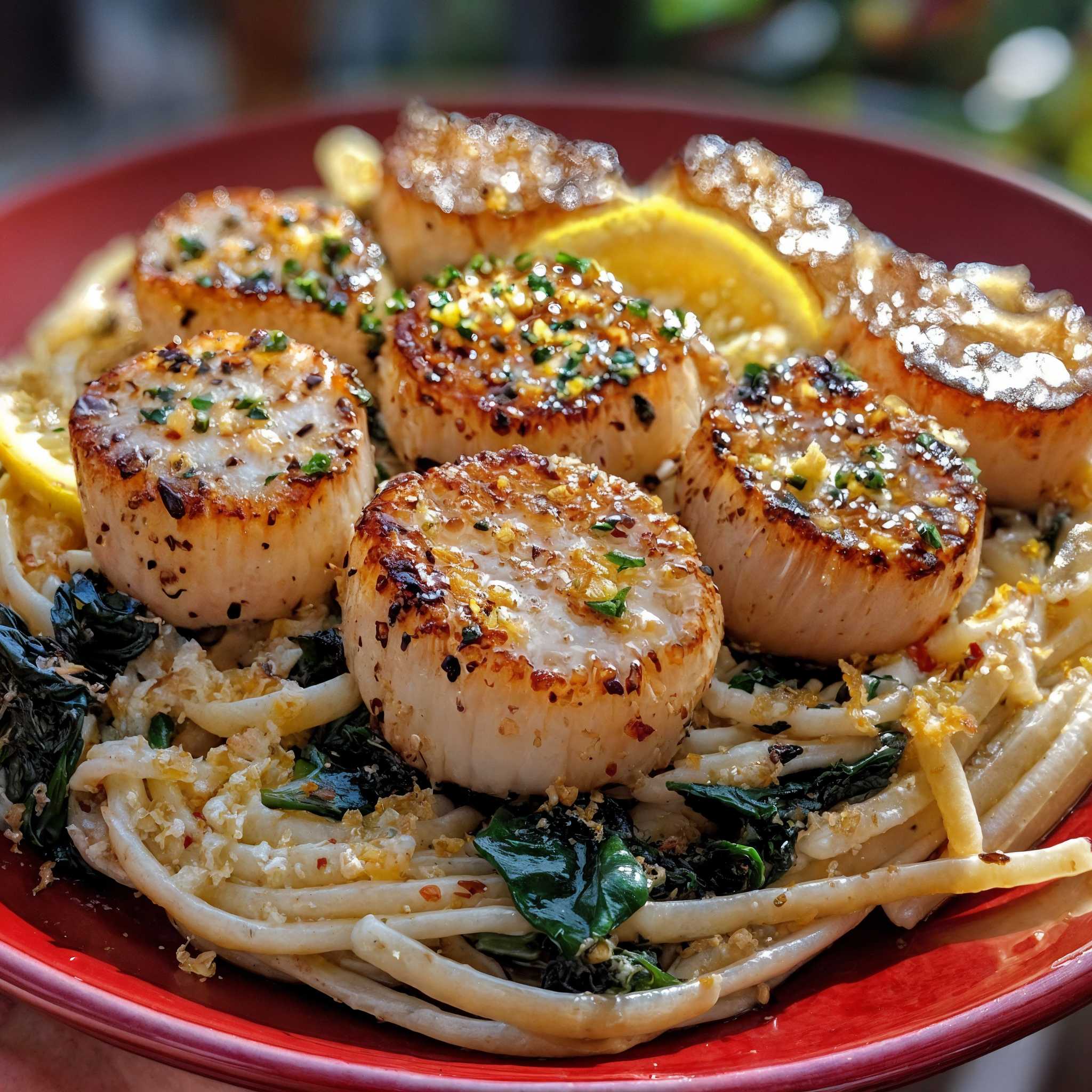 Garlic Butter Scallop Linguine with Spinach