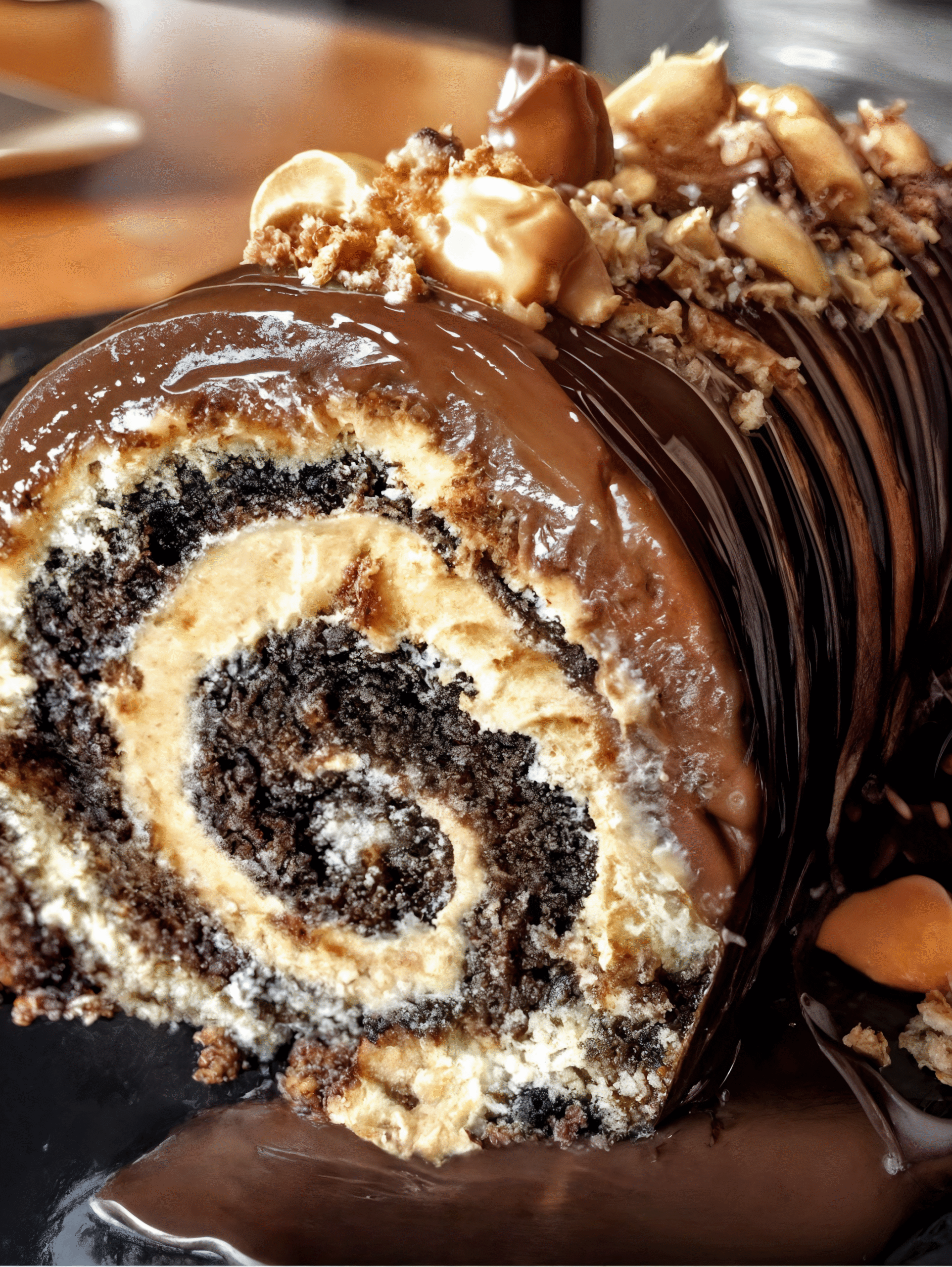 Chocolate ganache and peanuts top this irresistible dessert