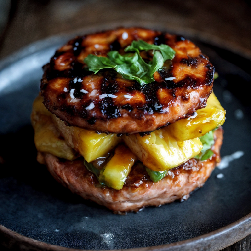 Hawaiian BBQ Salmon Burgers with Coconut Caramelized Pineapple