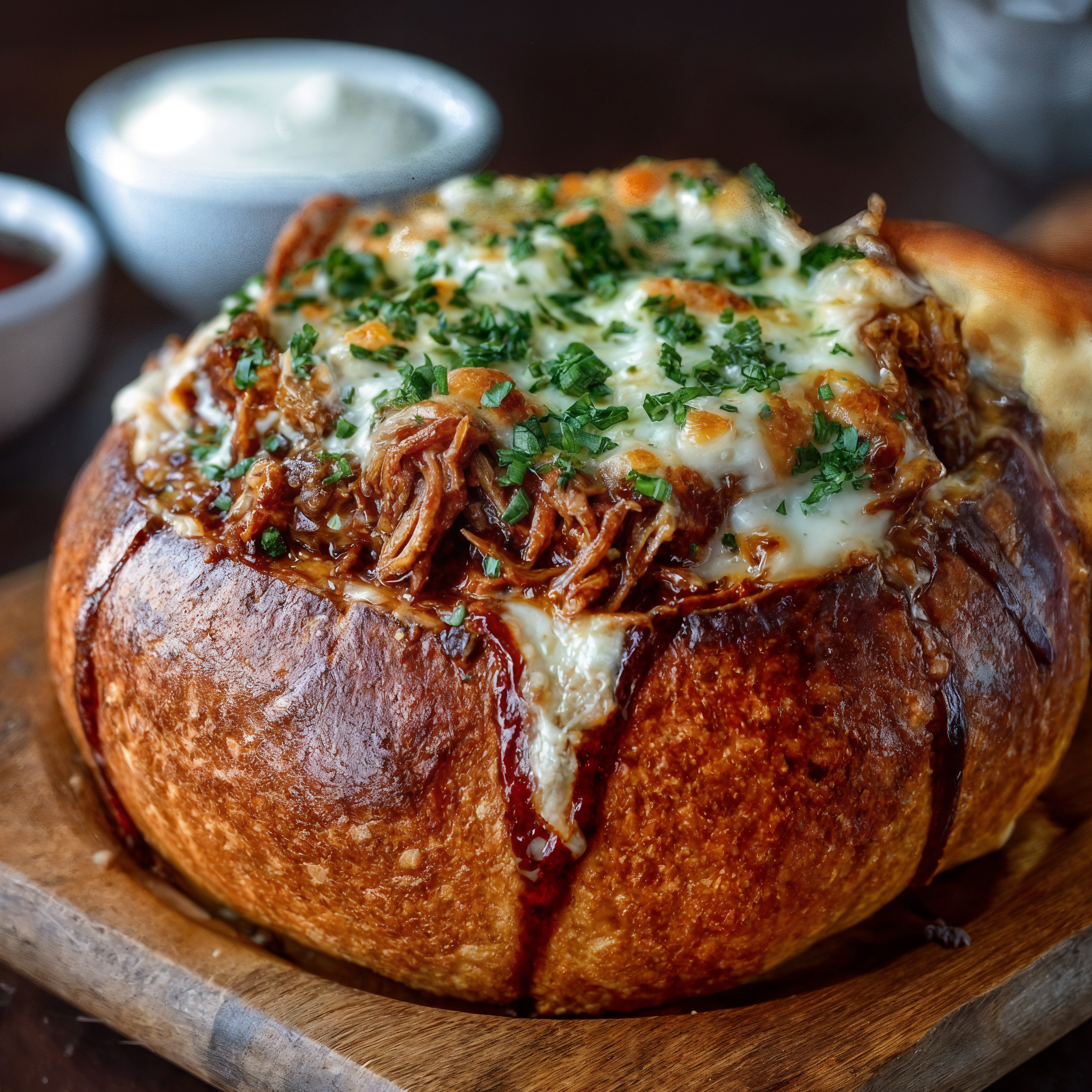 BBQ Pulled Pork in a Gooey Mozzarella Bread Bowl recipe