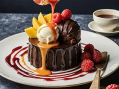 Chocolate Lava Cake with Mango Raspberries & Vanilla Ice Cream