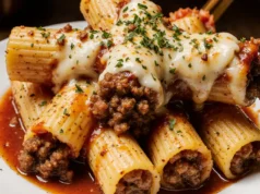 Recipe for stuffed rigatoni pasta with meat and cheese