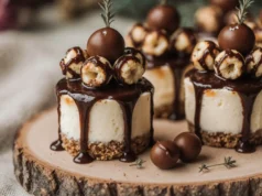 Mini Cheesecakes with Chocolate Ganache & Truffle Popcorn Topping