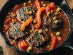 Seared Sirloin Steaks with Rustic Pepper Onion Tomato Olive Sauce