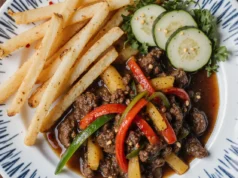 Stir Fried Beef & Veggies with Fries and Fresh Salad