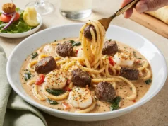 Garlic meat chunks and shrimp pasta