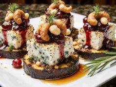 Eggplant slices with blue cheese cranberries and toasted walnuts drizzled with hot honey