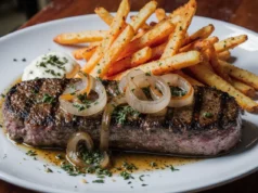 Delicious rib-eye steak with French onions and crispy French fries