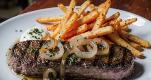 Delicious rib-eye steak with French onions and crispy French fries