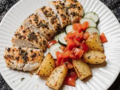 Zesty Garlic Chicken with Herb-Roasted Veggies & Fresh Cucumber Salad