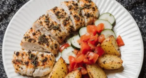 Zesty Garlic Chicken with Herb-Roasted Veggies & Fresh Cucumber Salad
