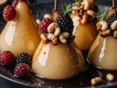 Baked pears with berries and honey | easy and healthy dessert