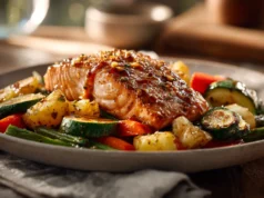 Salmon with honey garlic and vegetables recipe