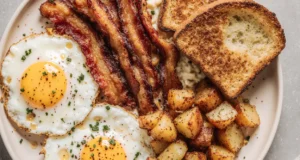 Breakfast Feast with Bacon, French Toast, Eggs & Potatoes