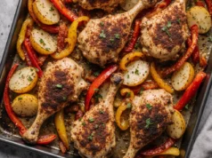 Tender chicken thighs roasted in the oven with potatoes