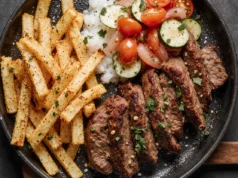 Steak Fajitas with French Fries & Tomato Cucumber Salad